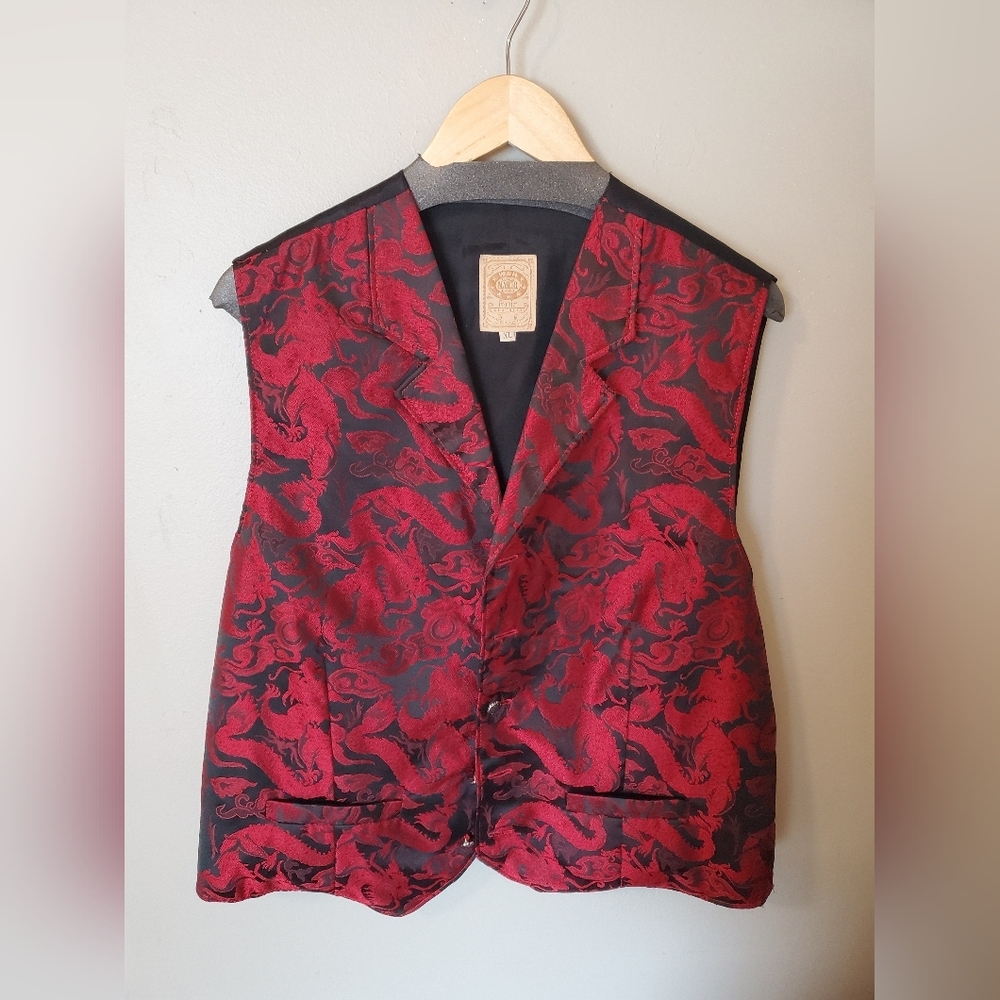 Wah Maker Frontier Vest- Red and Black Brocade Dragon Print - Picture 2 of 16
